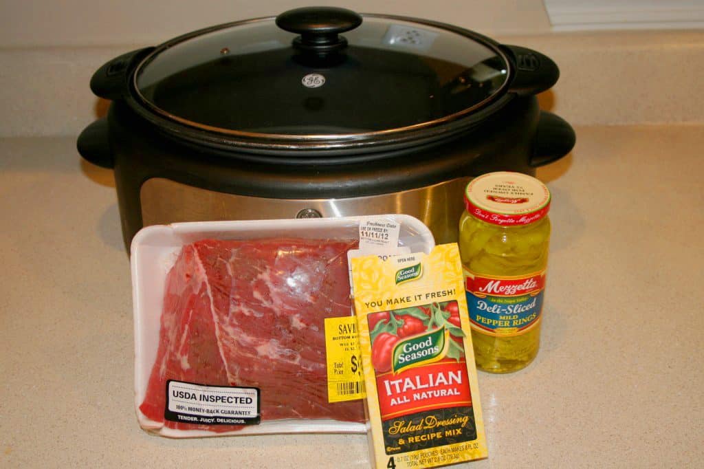 Crockpot and Ingredients for Roast Beef Sandwich